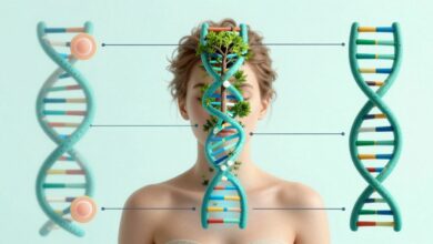 Uma imagem conceitual de biohacking, mostrando a silhueta de uma pessoa com sobreposições de gráficos de dados biológicos, DNA e elementos da natureza, simbolizando a fusão entre tecnologia e biologia para a otimização humana.