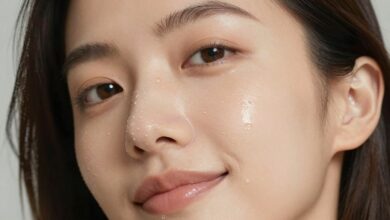 Close-up do rosto de uma mulher com pele saudável e hidratada, sorrindo suavemente, com gotas de água no rosto, simbolizando hidratação profunda e cuidados com a pele.