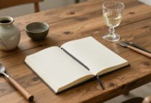 Uma mesa de madeira rústica vista de cima, exibindo objetos que representam hobbies criativos: um caderno de caligrafia, um vaso de cerâmica, ferramentas de jardinagem, um coquetel e um diário.