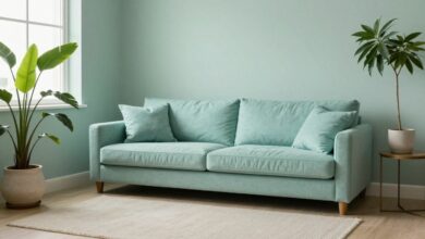 Uma sala de estar serena e minimalista, com paredes em um tom suave de verde sálvia, um sofá de linho bege, almofadas azuis e uma grande planta em um vaso de cerâmica, com luz natural suave entrando pela janela.