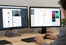 Um designer trabalhando em uma interface de usuário em uma tela de computador, com wireframes e paletas de cores visíveis ao redor, simbolizando a fusão de UX e UI.