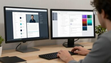 Um designer trabalhando em uma interface de usuário em uma tela de computador, com wireframes e paletas de cores visíveis ao redor, simbolizando a fusão de UX e UI.
