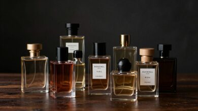 Uma coleção elegante de frascos de perfumes masculinos de diferentes formatos e cores, dispostos sobre uma superfície de madeira escura com um fundo sofisticado e sombrio.