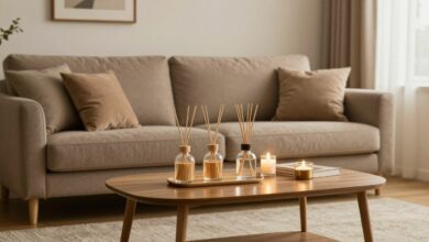 Um ambiente de sala de estar elegante e aconchegante, com um difusor de varetas em uma mesa de centro liberando uma suave fragrância.