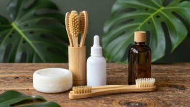 Uma composição elegante de vários produtos ecofriendly de uso diário, como uma escova de dentes de bambu, sabonete em barra, e um frasco de vidro, dispostos sobre uma superfície de madeira rústica com folhas verdes.