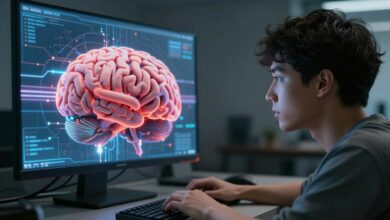 Uma representação visual da engenharia de prompts, mostrando um cérebro humano conectado a um cérebro digital por meio de feixes de luz, simbolizando a comunicação e a instrução.