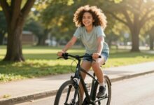 Uma pessoa sorridente andando de bicicleta por uma ciclovia arborizada em uma cidade moderna, com o sol brilhando, simbolizando a liberdade e a alegria de uma vida sem carro.