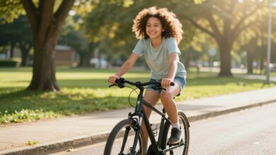 Uma pessoa sorridente andando de bicicleta por uma ciclovia arborizada em uma cidade moderna, com o sol brilhando, simbolizando a liberdade e a alegria de uma vida sem carro.