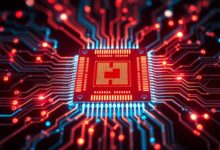 Uma imagem futurista de um chip de computador com padrões de luz que se assemelham a neurônios e sinapses, simbolizando a fusão da biologia com a tecnologia nos chips neuromórficos.