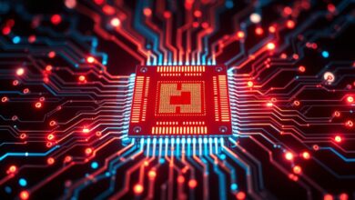 Uma imagem futurista de um chip de computador com padrões de luz que se assemelham a neurônios e sinapses, simbolizando a fusão da biologia com a tecnologia nos chips neuromórficos.