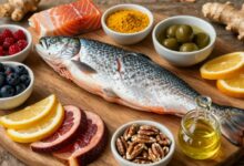 Uma composição vibrante e colorida de vários alimentos anti-inflamatórios, como salmão, cúrcuma, gengibre, frutas vermelhas, nozes e azeite de oliva, dispostos artisticamente sobre uma superfície de madeira rústica.