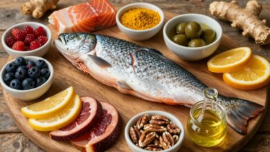 Uma composição vibrante e colorida de vários alimentos anti-inflamatórios, como salmão, cúrcuma, gengibre, frutas vermelhas, nozes e azeite de oliva, dispostos artisticamente sobre uma superfície de madeira rústica.