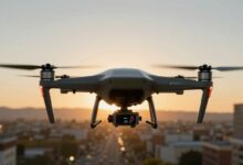 Um drone comercial moderno e elegante sobrevoando uma paisagem urbana ao pôr do sol, com linhas de dados digitais sobrepostas, simbolizando a fusão de tecnologia e indústria.