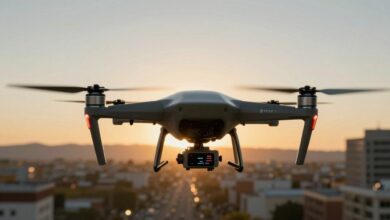 Um drone comercial moderno e elegante sobrevoando uma paisagem urbana ao pôr do sol, com linhas de dados digitais sobrepostas, simbolizando a fusão de tecnologia e indústria.