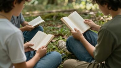 Uma pessoa relaxando em uma rede em meio à natureza, com um livro no colo e sem nenhum dispositivo eletrônico por perto, simbolizando os benefícios do tempo offline.