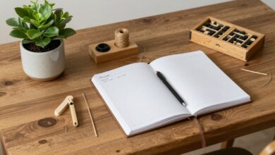 Uma mesa de madeira rústica com vários itens de hobbies analógicos, como um novelo de lã com agulhas, um diário aberto com uma caneta-tinteiro, uma planta em um vaso de cerâmica e peças de um jogo de tabuleiro.