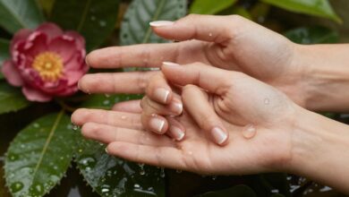Uma imagem elegante mostrando mãos bem cuidadas com unhas saudáveis e brilhantes, com elementos naturais como flores ou gotas de água ao fundo, simbolizando saúde e hidratação.
