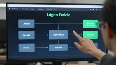 Uma interface de desenvolvimento low-code em um monitor, mostrando blocos de lógica visual e componentes de arrastar e soltar, com uma pessoa interagindo com a tela.