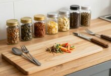 Uma bancada de cozinha de madeira bem organizada com ingredientes frescos como vegetais coloridos, ervas e especiarias, com facas e tábuas de corte, transmitindo uma sensação de preparação e habilidade culinária.