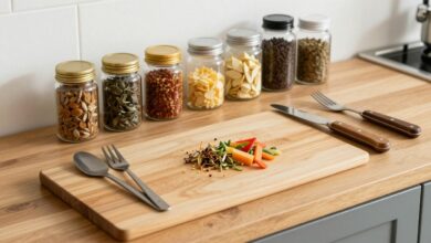 Uma bancada de cozinha de madeira bem organizada com ingredientes frescos como vegetais coloridos, ervas e especiarias, com facas e tábuas de corte, transmitindo uma sensação de preparação e habilidade culinária.