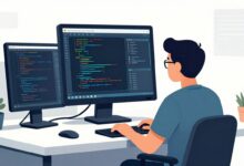 Ilustração de um programador ao lado de um copiloto de código digital, ambos trabalhando em frente a um computador moderno