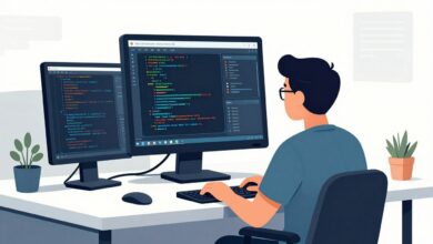 Ilustração de um programador ao lado de um copiloto de código digital, ambos trabalhando em frente a um computador moderno