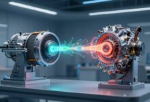 Uma representação visual de um gêmeo digital, mostrando um motor de avião físico ao lado de sua réplica digital holográfica com fluxos de dados conectando os dois.