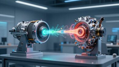 Uma representação visual de um gêmeo digital, mostrando um motor de avião físico ao lado de sua réplica digital holográfica com fluxos de dados conectando os dois.