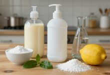 Mistura de ingredientes naturais como vinagre, limão e bicarbonato de sódio dispostos em um ambiente de cozinha limpa, representando produtos caseiros para limpeza.