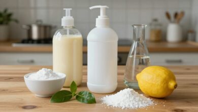 Mistura de ingredientes naturais como vinagre, limão e bicarbonato de sódio dispostos em um ambiente de cozinha limpa, representando produtos caseiros para limpeza.