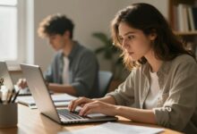 Uma pessoa trabalhando concentrada em um laptop em uma mesa limpa e organizada, com a luz do sol entrando pela janela, simbolizando foco e produtividade.