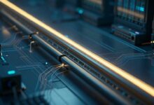 Visualização abstrata de fluxos de dados digitais se movendo através de canais de luz, simbolizando a eficiência e a velocidade de um pipeline de dados moderno.