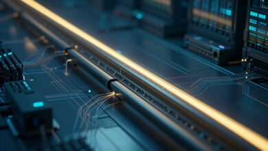 Visualização abstrata de fluxos de dados digitais se movendo através de canais de luz, simbolizando a eficiência e a velocidade de um pipeline de dados moderno.