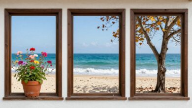 Uma montagem de quatro janelas, cada uma mostrando uma paisagem de uma estação do ano diferente: primavera com flores, verão com uma praia ensolarada, outono com folhas caindo e inverno com neve.