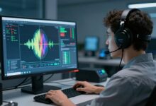 Uma pessoa usando um headset de EEG com eletrodos, olhando para uma tela de computador com visualizações de ondas cerebrais, em um ambiente futurista e iluminado.