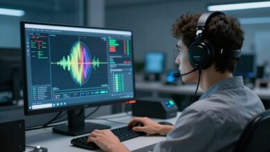 Uma pessoa usando um headset de EEG com eletrodos, olhando para uma tela de computador com visualizações de ondas cerebrais, em um ambiente futurista e iluminado.