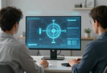Uma visão futurista de uma pessoa interagindo com hologramas e interfaces digitais flutuando em uma sala de estar moderna, representando o conceito de computação espacial.