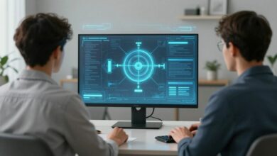 Uma visão futurista de uma pessoa interagindo com hologramas e interfaces digitais flutuando em uma sala de estar moderna, representando o conceito de computação espacial.