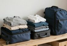 Uma mala de viagem aberta e perfeitamente organizada sobre uma cama, com roupas enroladas, cubos organizadores e itens de viagem ao redor, em um ambiente iluminado e arejado.