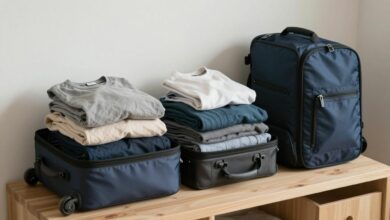 Uma mala de viagem aberta e perfeitamente organizada sobre uma cama, com roupas enroladas, cubos organizadores e itens de viagem ao redor, em um ambiente iluminado e arejado.
