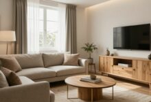 Um apartamento pequeno, moderno e bem iluminado, com móveis multifuncionais e uma paleta de cores claras que criam uma sensação de amplitude e conforto.