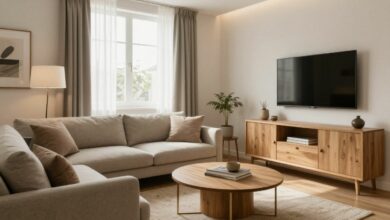 Um apartamento pequeno, moderno e bem iluminado, com móveis multifuncionais e uma paleta de cores claras que criam uma sensação de amplitude e conforto.
