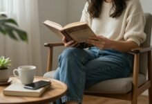 Uma pessoa sentada confortavelmente em uma poltrona ao lado de uma janela, lendo um livro, com o celular deixado de lado em uma mesa. A cena transmite paz e foco.