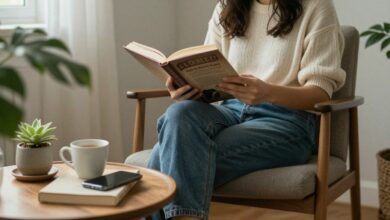 Uma pessoa sentada confortavelmente em uma poltrona ao lado de uma janela, lendo um livro, com o celular deixado de lado em uma mesa. A cena transmite paz e foco.