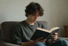 Uma pessoa relaxada lendo um livro em um ambiente tranquilo e iluminado, simbolizando o prazer da solitude e do autoconhecimento.