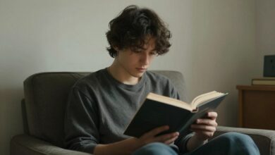 Uma pessoa relaxada lendo um livro em um ambiente tranquilo e iluminado, simbolizando o prazer da solitude e do autoconhecimento.