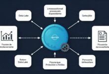 Uma representação visual de um data lake, mostrando fluxos de dados diversos (ícones de gráficos, redes sociais, documentos) convergindo para um lago digital central, com engrenagens simbolizando processamento e análise.