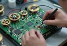 Um cérebro digital formado por circuitos luminosos, com engrenagens sendo ajustadas delicadamente por uma mão, simbolizando o processo de fine tuning de modelos de IA.