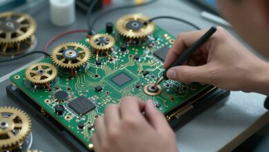 Um cérebro digital formado por circuitos luminosos, com engrenagens sendo ajustadas delicadamente por uma mão, simbolizando o processo de fine tuning de modelos de IA.