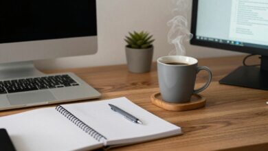 Uma mesa de trabalho organizada, iluminada por luz natural, com uma xícara de café e um caderno, transmitindo tranquilidade e produtividade.